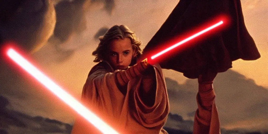 Prompt: !dream A full color still of a teenage blonde Jedi padawan holding the HILT of a lightsaber, at dusk!!!, at golden hour!!!, from The Phantom Menace, directed by Steven Spielberg, 1990