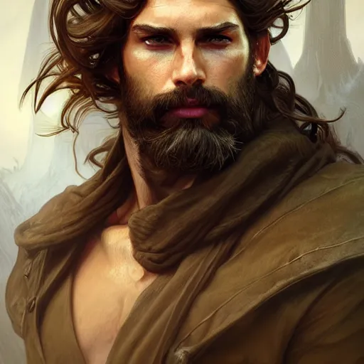 Image similar to Portrait of rugged male ranger, D&D, amber eyes, face, long hair, muscular, fantasy, intricate, elegant, highly detailed, digital painting, artstation, concept art, smooth, sharp focus, illustration, art by artgerm and greg rutkowski and alphonse mucha