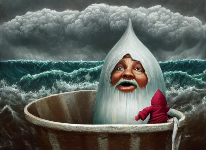 Image similar to a terrified garden gnome sailing in a bucket, background of raging ocean with huge waves on a stormy day with dramatic thunderhead clouds, an ultrafine detailed painting by mark ryden, trending on deviantart, pop surrealism, whimsical, lowbrow, rainy, perfect symmetrical face