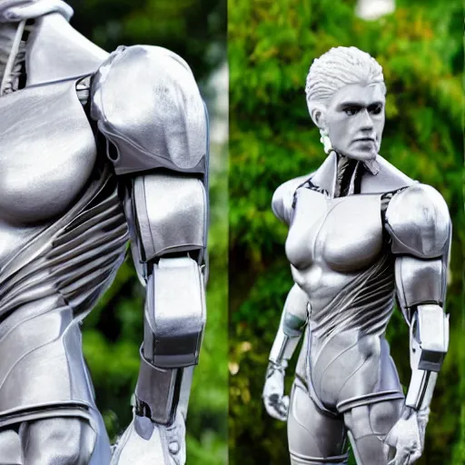 Image similar to twitch streamer / gamer ludwig, ice statue, blank stare, a realistic detailed photo of a guy who is an attractive humanoid who is half robot and half humanoid, by the pool, posing like a statue, showing off his muscles, made of ice, shiny skin, on display, who is a male android, humanoid robot