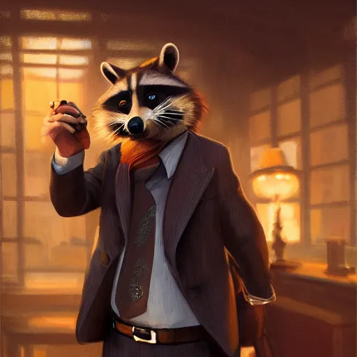 Image similar to a racoon wearing a suit smoking a cigar, dramatic lighting, cinematic, establishing shot, extremly high detail, photorealistic, cinematic lighting, artstation, style by James Gurney