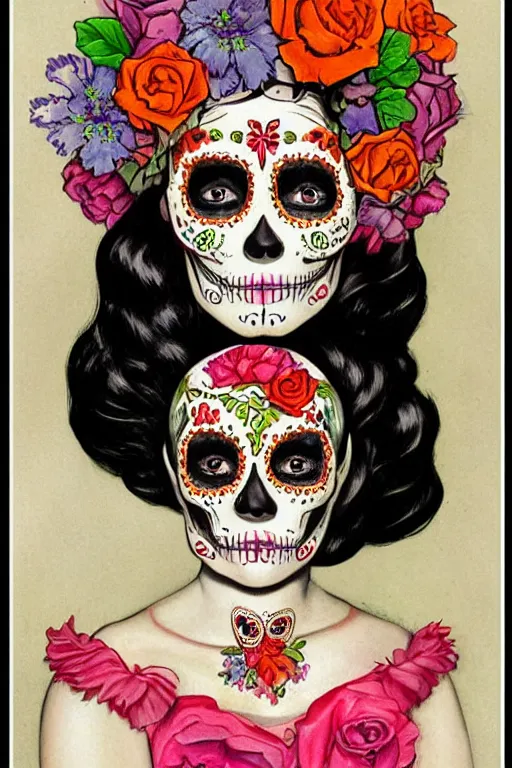 Prompt: Illustration of a sugar skull day of the dead girl, art by Paul Gustav Fischer