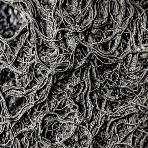 Prompt: photograph of a pitch black, tar - like fungus with lots of tendrils spreading everywhere, intricate detail, goopy