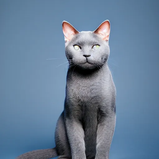 Image similar to Fujichrome Provia 100F photograph of a Russian Blue cat, sigma 85mm f/1.4, 15mm, 35mm, tilted frame, extreme long shot, action shot, long exposure, 4k, high resolution, 4k, 8k, hd, wide angle lens, highly detailed, full color, harsh light and shadow, intoxicatingly blurry