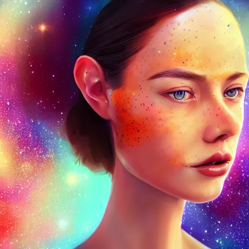 Image similar to beautiful digital painting of woman with freckles and hair made of galaxy nebula, by bearbrickjia, symmetry, realistic facial feature, artstation, artgerm