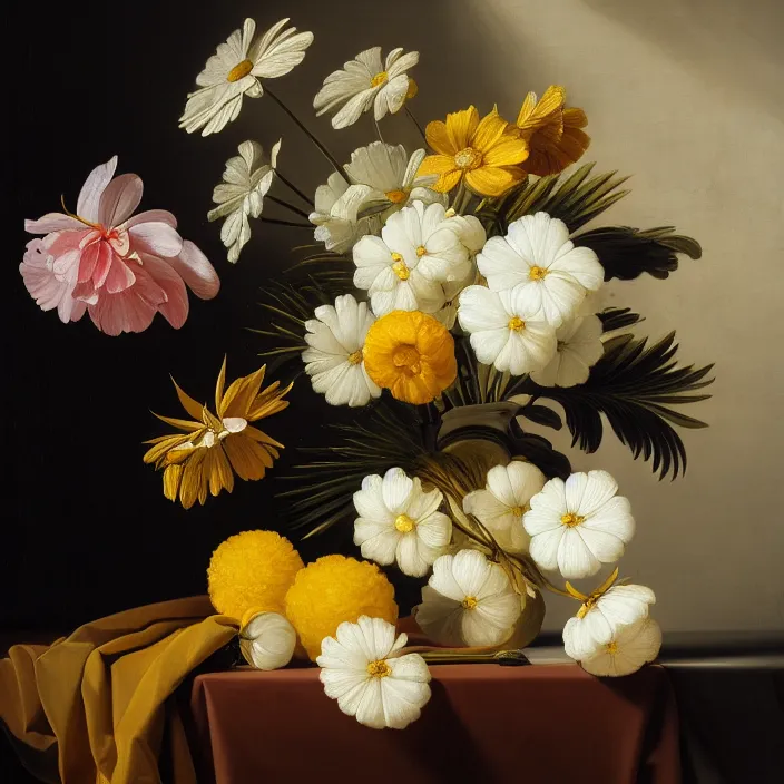 Image similar to still life painting of a beautiful bouquet of flowers by pieter claesz, palm trees in the background, oil on canvas, strong lighting, highly detailed, hyper realism, golden hour, god rays, hd, 4 k