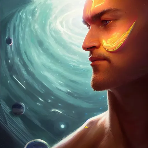 Image similar to portrait of the god of the universe, space, cosmic, upper body, D&D, intricate, cinematic lighting, highly detailed, digital painting, artstation, concept art, smooth, sharp focus, illustration, art by Artgerm and Greg Rutkowski
