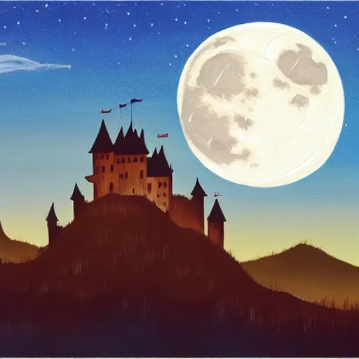 Prompt: highly detailed, silhouette of a castle on misty mountains, beautiful, calm, full moon, gouache painting