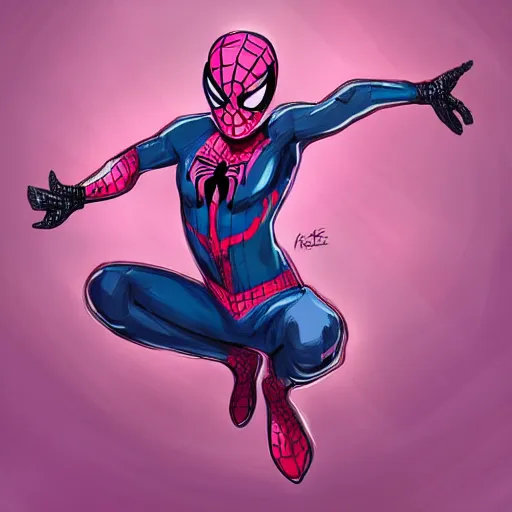 Image similar to splash art of a cool beautiful pink spiderman in a stylish pose in the style of the league of legends splash art, digital art by Michelle Hoefener