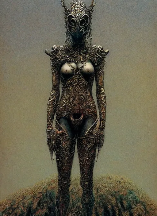 Prompt: full body girl in detailed ornamental mask by Beksinski and Luis Royo