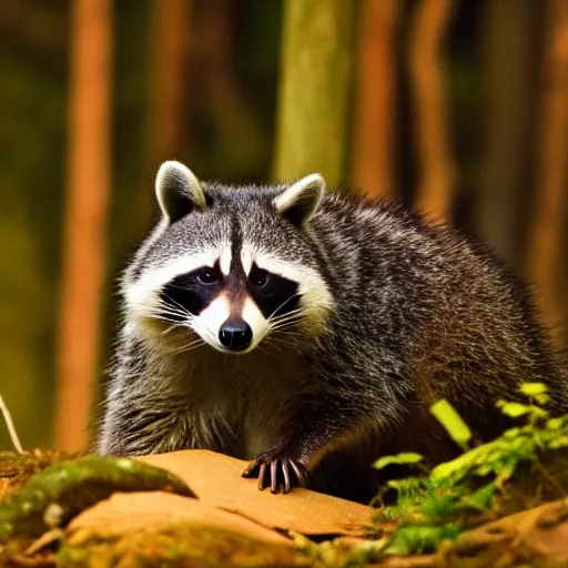 Prompt: a chubby raccoon, in forest, at night