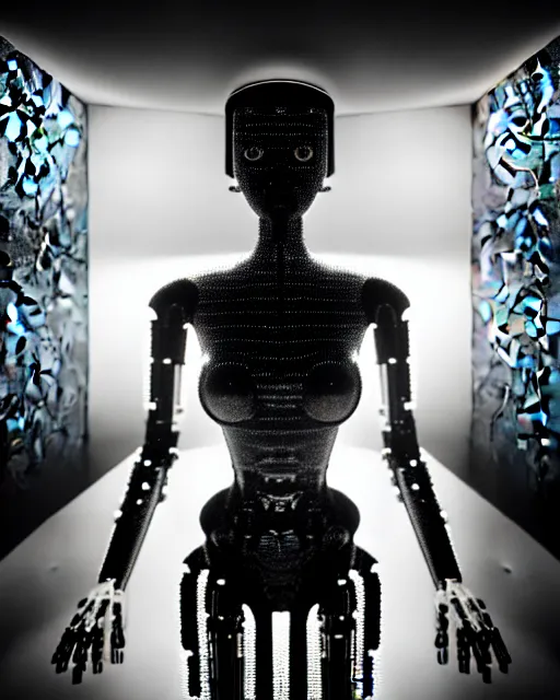 Image similar to black and white high quality photo of a beautiful female AI vegetal-cyborg looking into a sci-fi mirror, volumetric lighting, liminal space, brutalism, foggy, dreamy, hyperdetailed, bokeh, photorealistic, cinematic, masterpiece, Metropolis, elegant, dark, by Man Ray in the style of Horst P. Horst, octane render, 8K,