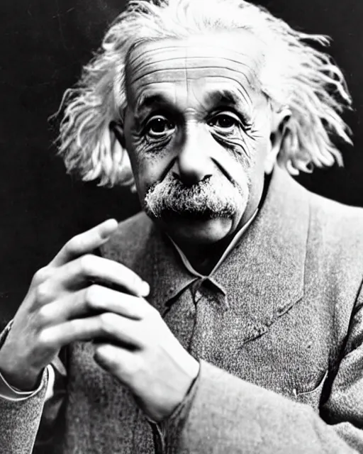 Image similar to an realistic photo of Albert Einstein holding an open palm with 7 fingers