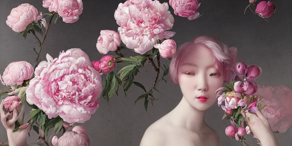 Image similar to breathtaking detailed concept art painting blend of pink short hair goddesses of peonies by hsiao - ron cheng with anxious piercing eyes, vintage illustration pattern with bizarre compositions blend of flowers and fruits and birds by beto val and john james audubon, exquisite detail, extremely moody lighting, 8 k