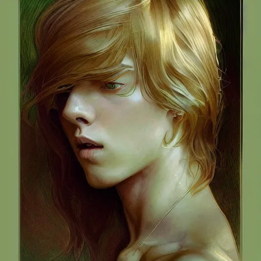 Image similar to teen boy, middle length hair, blonde hair, green eyes, gorgeous, amazing, delicate, feminine, elegant, intricate, highly detailed, watercolor, portrait, artstation, concept art, sharp focus, illustration, art by artgerm and greg rutkowski and alphonse mucha