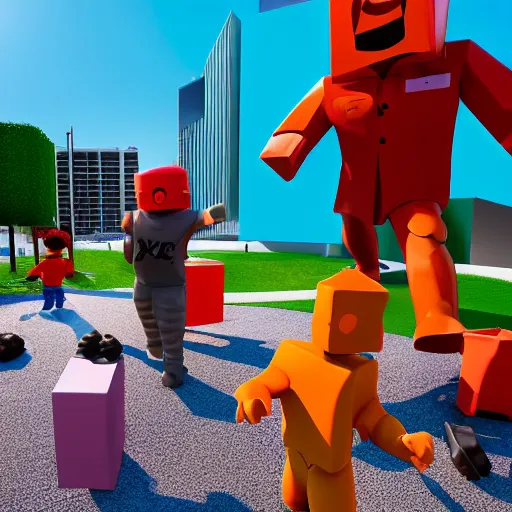 Image similar to highly detailed 3d render of playful kids interacting with roblox figures outside in the sun, box shapes floating all over, bright colors, octane render, insane quality, 8k, 4k, trending, artstation