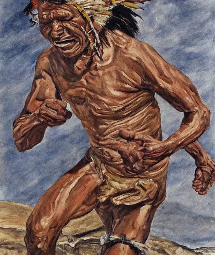 Image similar to indigenous man running, painted by lucian freud, hd, super detailed, realistic, muted colors