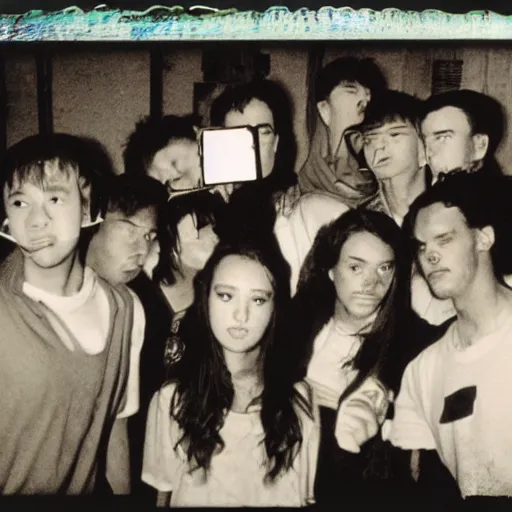 Prompt: A group of outcasts having a moment of nostalgia in their cramped basement, 90s Film Photo, Polaroid, Flash Photography, 40mm lens, Award Winning, 8k Film Scan