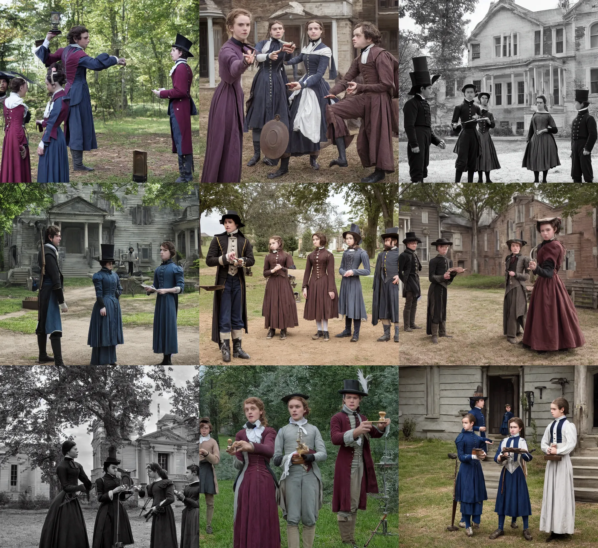 Prompt: sharp, detailed, 3 5 mm still from a 2 0 1 9 sci fi color movie, set in 1 8 5 0 in an alternate universe, mid distant shot of three students practicing magic, outside the'school of magic ', 1 8 5 0 s era clothing, cinematic lighting, in focus, real faces, sharp lens, live action, award winning lighting, cinematic photography