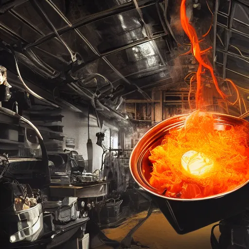 Image similar to fried egg in a red hot frying pan, tangles of metallic cables, dark messy smoke - filled cluttered workshop, dark, dramatic lighting, orange tint, sparks, plasma charges, cinematic, highly detailed, sci - fi, futuristic, movie still