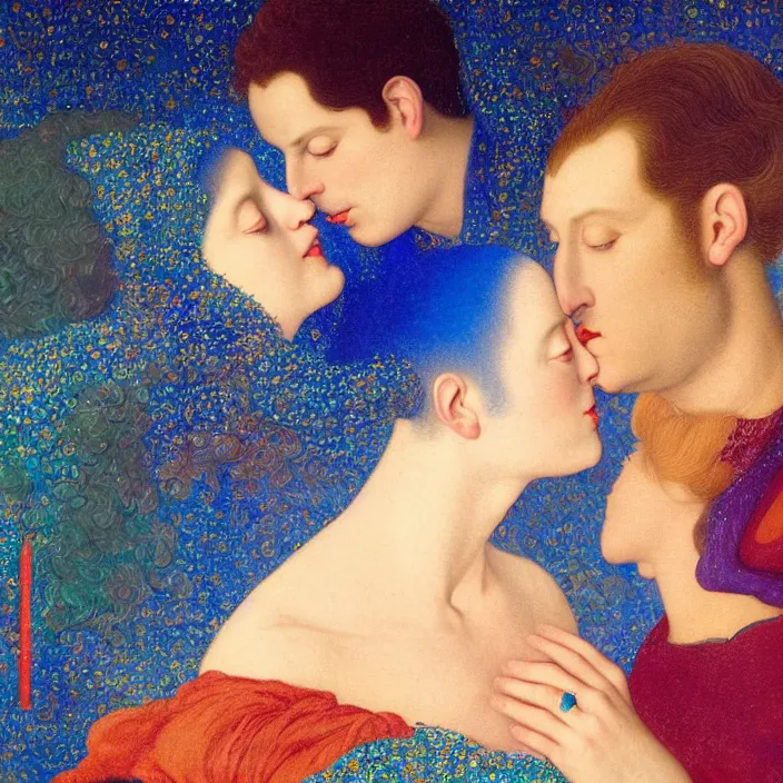 Prompt: close portrait of woman and man kissing. aurora borealis. iridescent, psychedelic lapis - lazuli, turquoise colors. painting by jan van eyck, agnes pelton, utamaro, monet