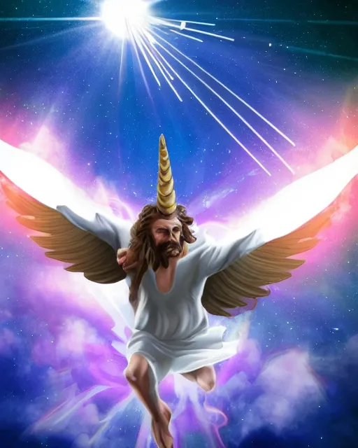 Image similar to Stylized Artistic Render of Jesus flying a unicorn through space while shooting lasers out of his eyes