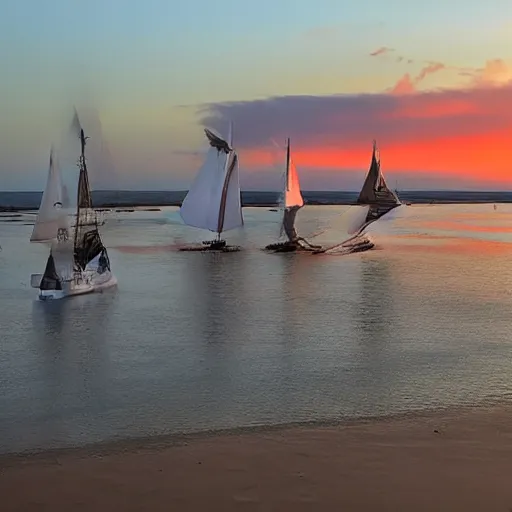 Prompt: sailboat stuck on sandbar at low tide, sunset, star wars ewoks helping to push it in water, ewoks