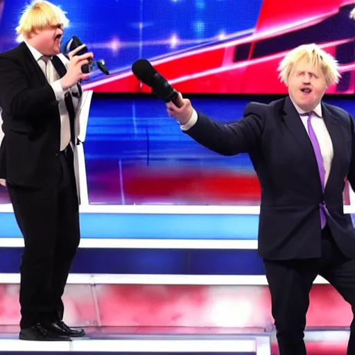 Image similar to boris johnson singing with a microphone on americas got talent, tomatoes and anchors being thrown at him, 4 k photograph