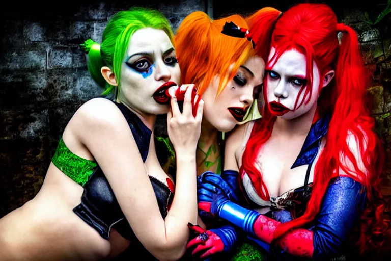 Image similar to steamy photoshoot of harley quinn and poison ivy making out. photo - realistic hd, hyperrealism, colourful, highly detailed, cinematic, luminescence, 3 2 k, dop, high contrast, intricate, mystery, epic, fantasy