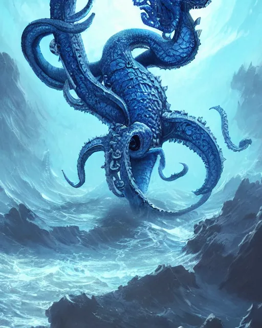 Image similar to A blue Kraken in the sea, highly detailed, fantasy art, female art, in the style of greg rutkowski, illustration, epic, fantasy, intricate, hyper detailed, artstation, concept art, smooth, sharp focus, ray tracing