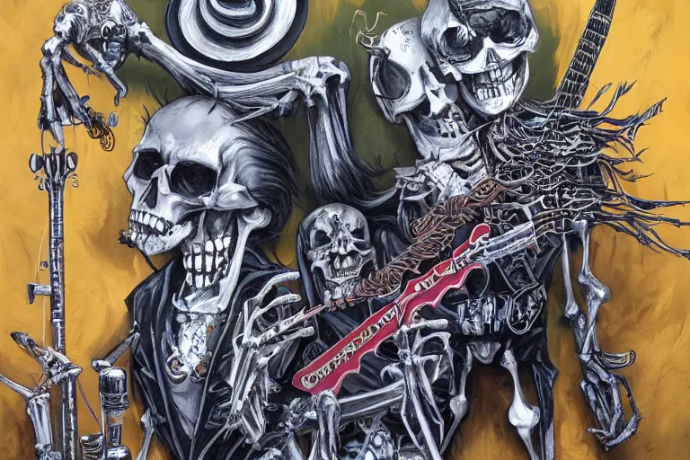 Image similar to skeleton heavy metal band live at coachella, art by danny flynn and simon bisley, trending on artstation, halfrear, oil and canvas, very very intricate, street art