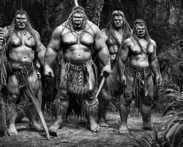 Image similar to hyper realistic group vintage photograph of a live action warcraft orc warrior tribe in the jungle, tall, hulk like physique, detailed faces, tribal paint, tribal armor, grain, old, monochrome, sepia toned, realistic lighting, wide angle