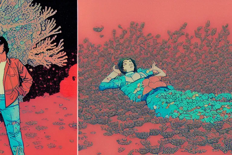 Image similar to risograph grainy drawing vintage sci - fi, satoshi kon color palette, gigantic gundam full - body covered in dead coral reef, 1 9 8 0, kodachrome, natural colors, comicbook spreadsheet, codex seraphinianus painting by moebius and satoshi kon and dirk dzimirsky close - up portrait