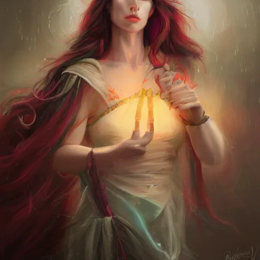 Prompt: a vibrant mixed pastels 3 d painting of a somber female sorceress under a cloudy rainstorm weather, anaglyphy effect, cgsociety # conceptart cg, # oc, by vanessa lemen by charlie bowater by jeff easley by stephanie hans