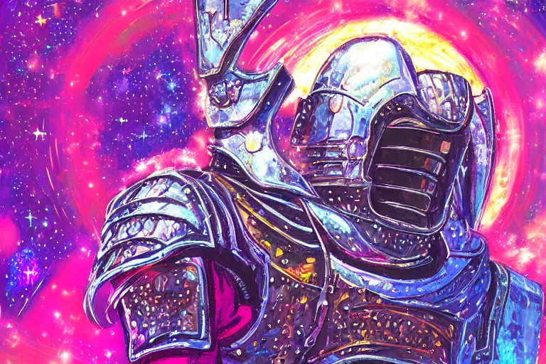 Image similar to digital art of a spiritual medieval knight wearing suit of armor looking up at the stars, acrylic art, universe, painting, pastel colors, synthwave, retro, cyberpunk,