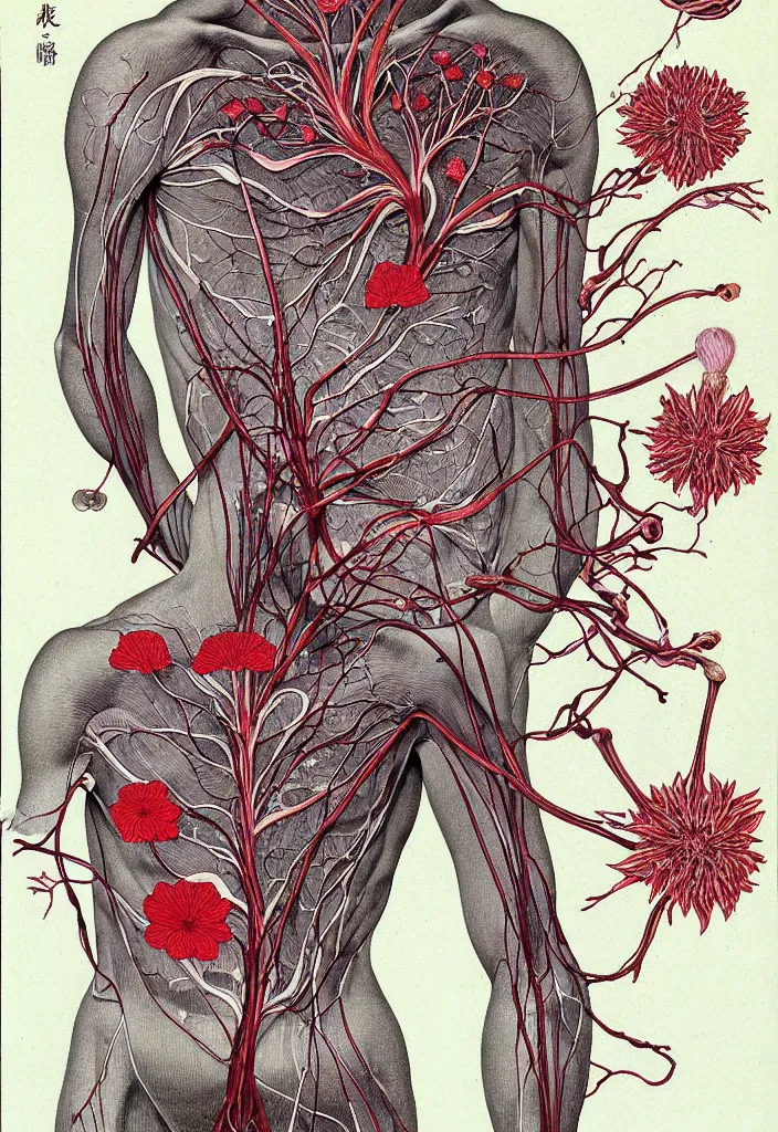 Prompt: prompt: anatomy dissection drawing veins and leaf blood system human shaped flower character drawn by Takato Yamamoto, petals and flower head, flower anatomy atlas, veins and organs attached to flower head, alchemical objects inspired by 1980's sci-ci, old experimentation cabinet, intricate oil painting detail, manga 1980