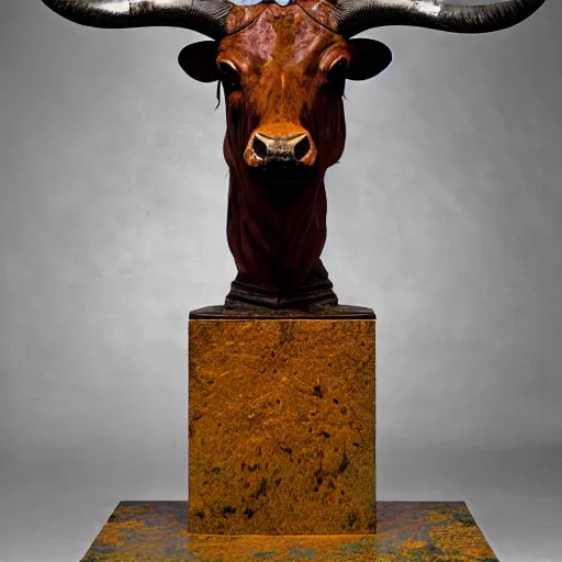 Prompt: professional color photograph of a patinated bronze portrait bust of an angry Texas Longhorn bull supported by a bronze plinth, by Auguste Rodin