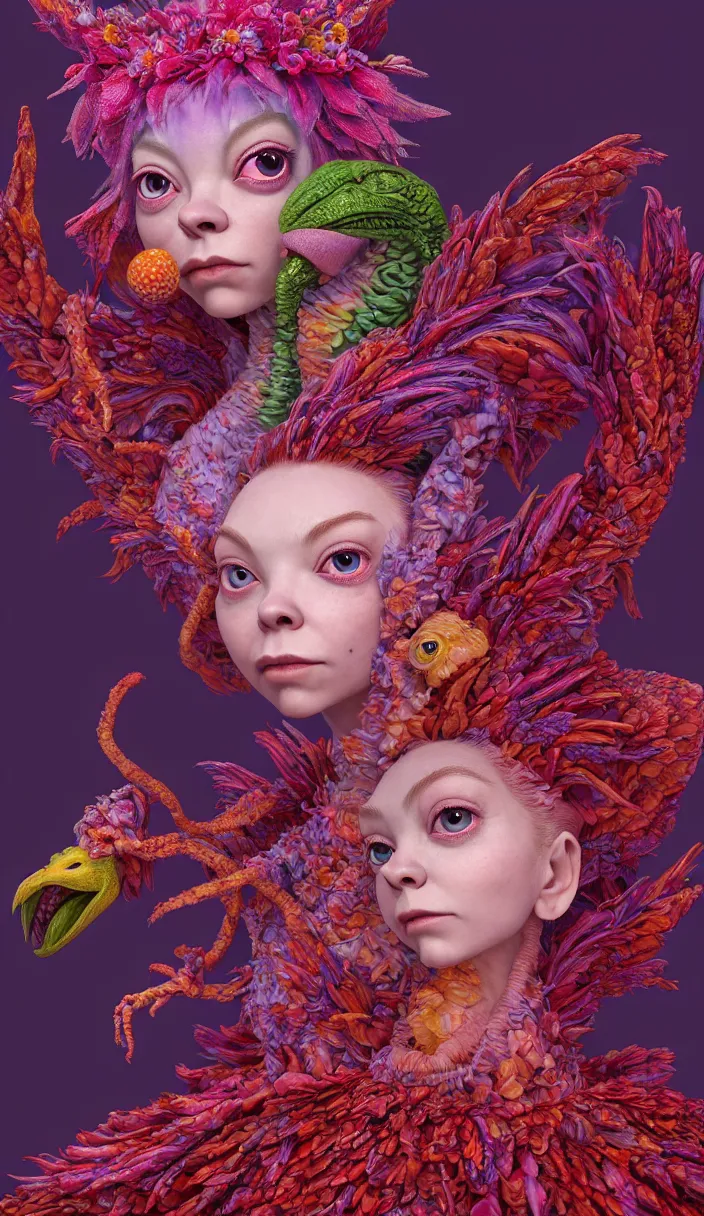 Image similar to hyper detailed 3d render like a Oil painting - kawaii portrait of one Aurora (a beautiful skeksis muppet fae queen from dark crystal that looks like Anya Taylor-Joy) seen red carpet photoshoot in UVIVF posing in scaly dress to Eat of the Strangling network of yellowcake aerochrome and milky Fruit and His delicate Hands hold of gossamer polyp blossoms bring iridescent fungal flowers whose spores black the foolish stars by Jacek Yerka, Ilya Kuvshinov, Mariusz Lewandowski, Houdini algorithmic generative render, Abstract brush strokes, Masterpiece, Edward Hopper and James Gilleard, Zdzislaw Beksinski, Mark Ryden, Wolfgang Lettl, hints of Yayoi Kasuma and Dr. Seuss, octane render, 8k