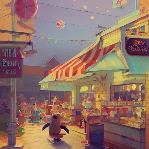 Image similar to Busytown ice cream shop, epic, fun, optimistic colors, by Greg Rutkowski