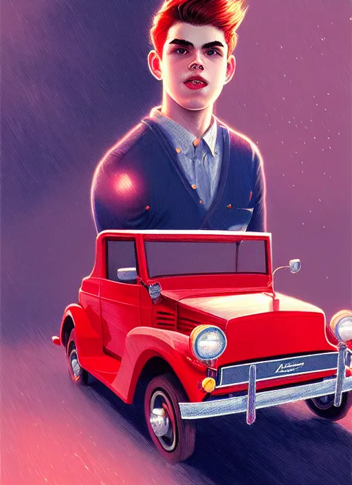 Image similar to teenage archie andrews, in a red ford model t, intricate, elegant, glowing lights, highly detailed, digital painting, artstation, sharp focus, illustration, art by wlop, mars ravelo and greg rutkowski