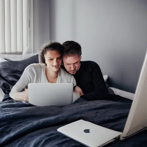 Prompt: man and woman in bed working on their laptops