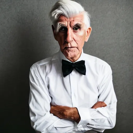 Prompt: 8 0 year old black suit white shirt, black bowtie, white haired man, determined, fearless, sharp looking portrait, oil painting