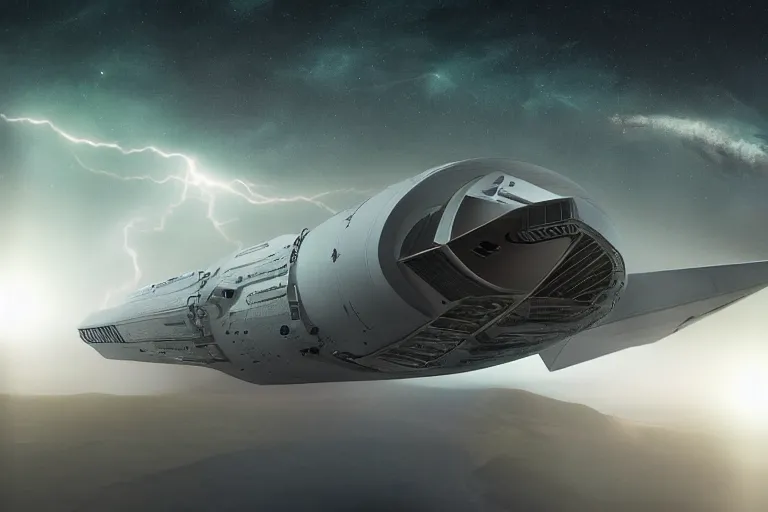 Image similar to a cinematic portrait of a cargo starship designes by rob cobb, landing in a mars base, green clouds and lightning storm, ridley scott and zack snyder, 8 k, hd, high resolution, 8 5 mm, f / 1. 8