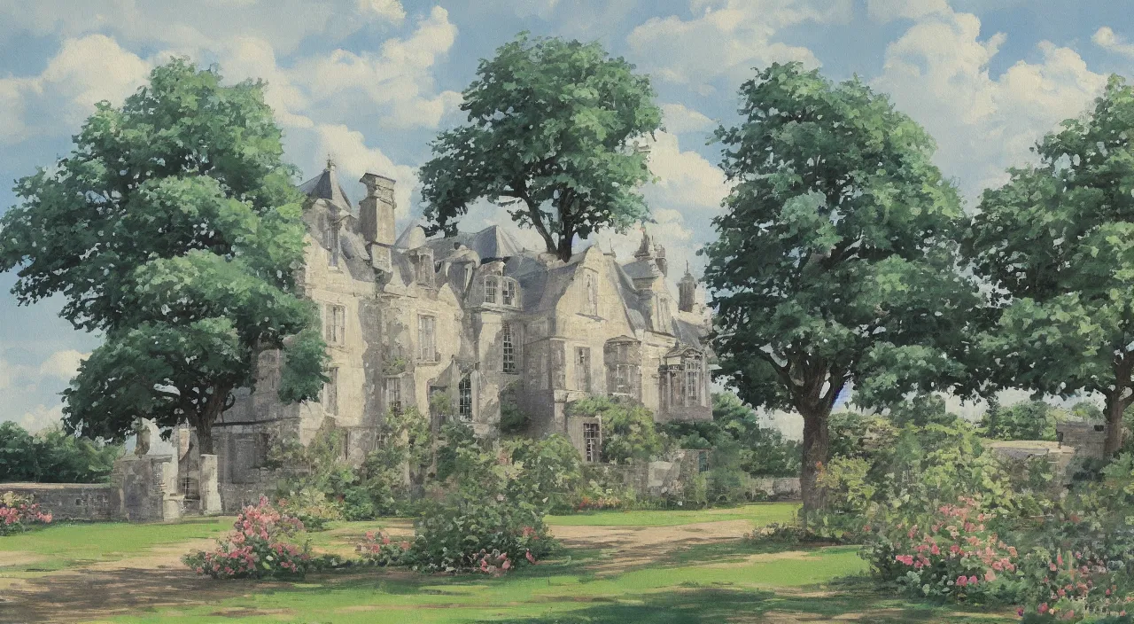 Prompt: a painting of a French manor, with a square, in the style of anime