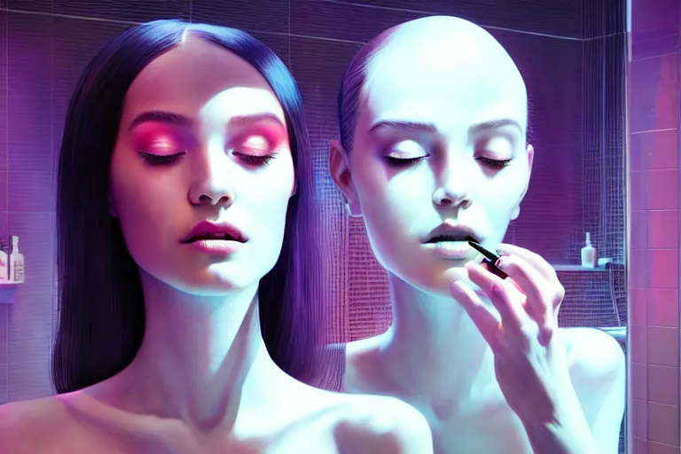 Prompt: beautiful female android, putting on makeup in front of a bathroom mirror, cinematic, black and white movie, highly detailed vfx, global illumination. by james jean and moebius and artgerm and liam brazier and victo ngai and tristan eaton.
