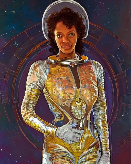 Image similar to portrait of actress Krys Marshall wearing a space suit, intricate, elegant, highly detailed, centered, digital painting, artstation, concept art, smooth, sharp focus, illustration, art by android jones and donato giancola and alphonse mucha