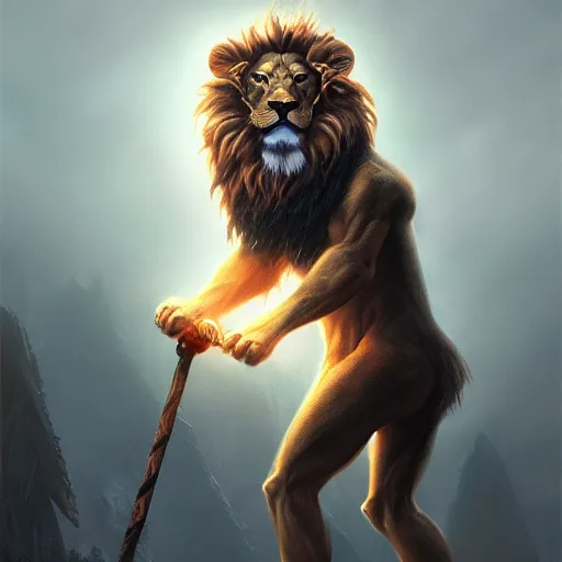 Prompt: an anthropomorphic half lion half human wizard holding a wand,wizard,fantasy art,digital art,art by greg rutkowski,realiatic,photorealistic,hyperdetailed,detailed face,professional lighting,mysterious,deviantar,artstation