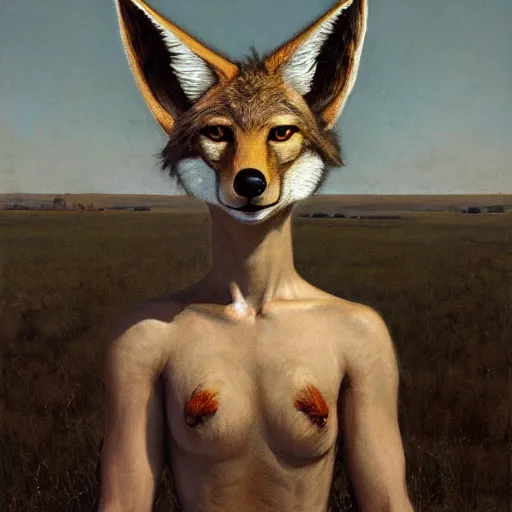 Prompt: furry anthro anthropomorphic portrait of a coyote head animal person fursona standing in a plain white room digital art by Nerdrum John, William Waterhouse, Winslow Homer, Alex Heywood, Jordan Grimmer, Darren Quach, Greg Rutkowski, Simon Stalenhag, trending on Artstation, CGSociety