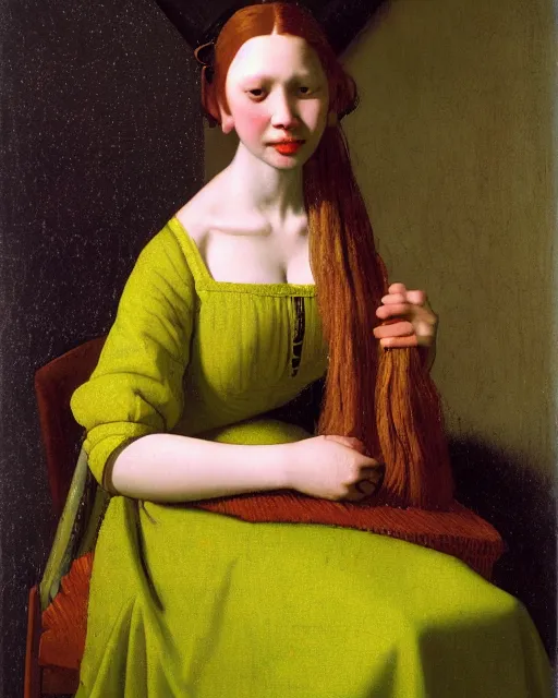 Image similar to a young woman, admiring the lights of golden fireflies, sitting in the midst of nature fully covered with a wonderful dress, long loose red hair, intricate details green eyes, small nose with freckles, oval shape face, soft happy smile, oil canvas painting art by johannes vermeer, 1 7 th century, realistic, expressive emotions