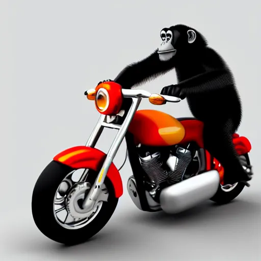 Image similar to 3d model of chimp driving a Harley Davidson holding a banana, unreal engine 5, hdr, 8k, high resolution,